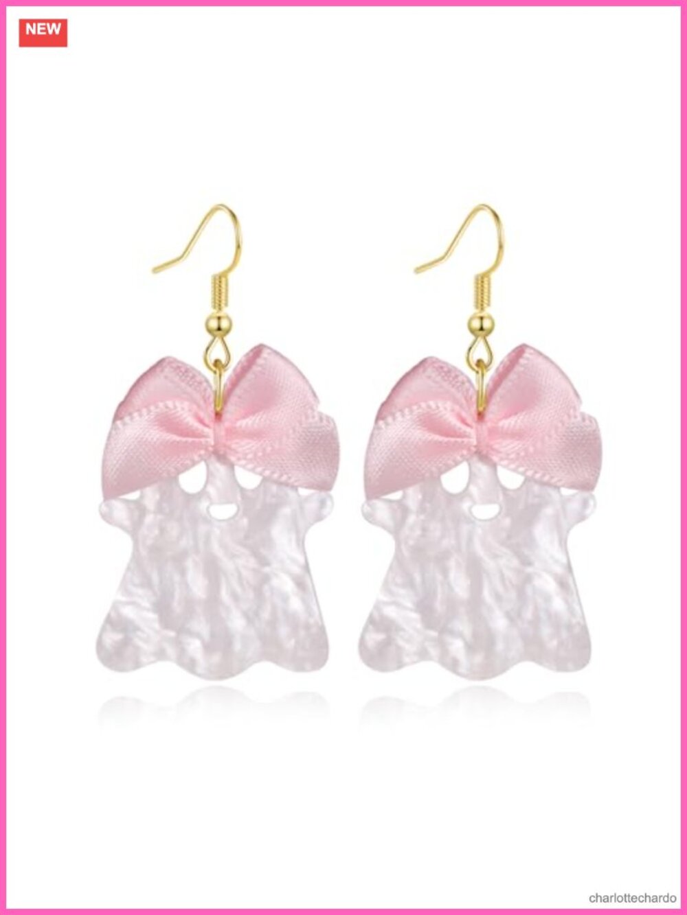 Pink Ghost Dangle Earrings with Bow Acrylic Stainless Steel Halloween